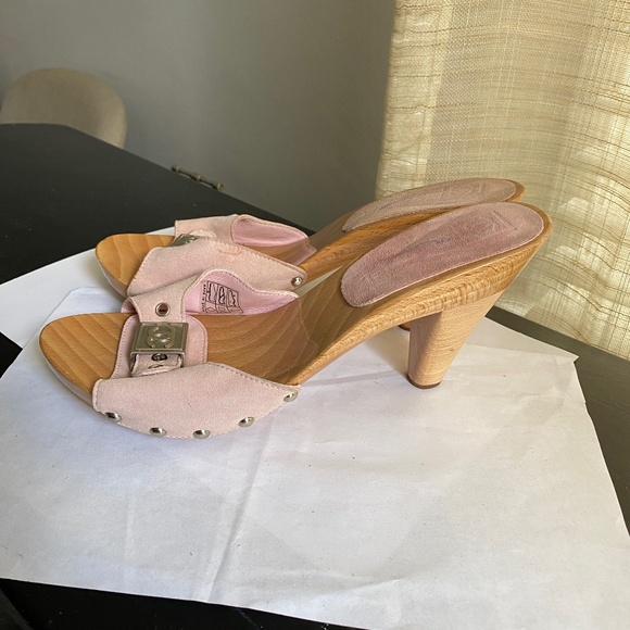 Chanel pink suede leather mules heels adj buckle sandals slides pumps 36 slip-on - Picture 6 of 8
